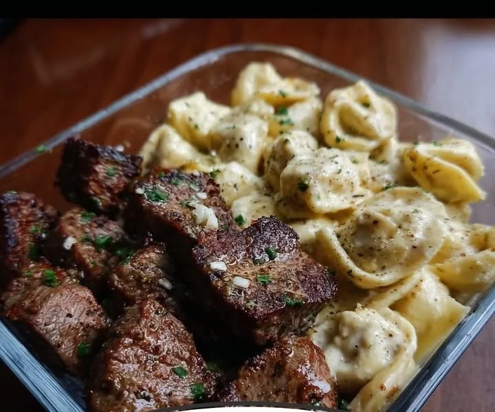 Garlic Butter Steak Bites & Creamy Alfredo Tortellini