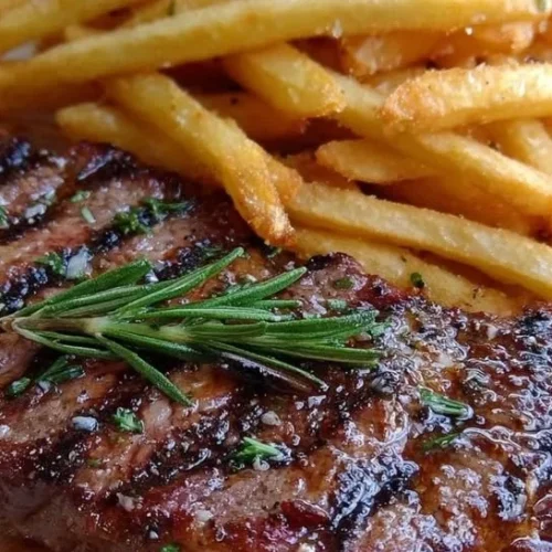 Delicious grilled steak served with golden crispy fries on a plate