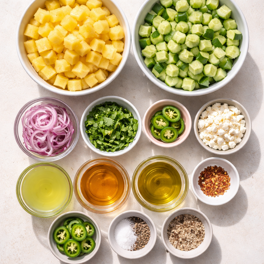 Bright Sweet Pineapple Cucumber Salad with Crunchy Mint and Lime ingredients photo