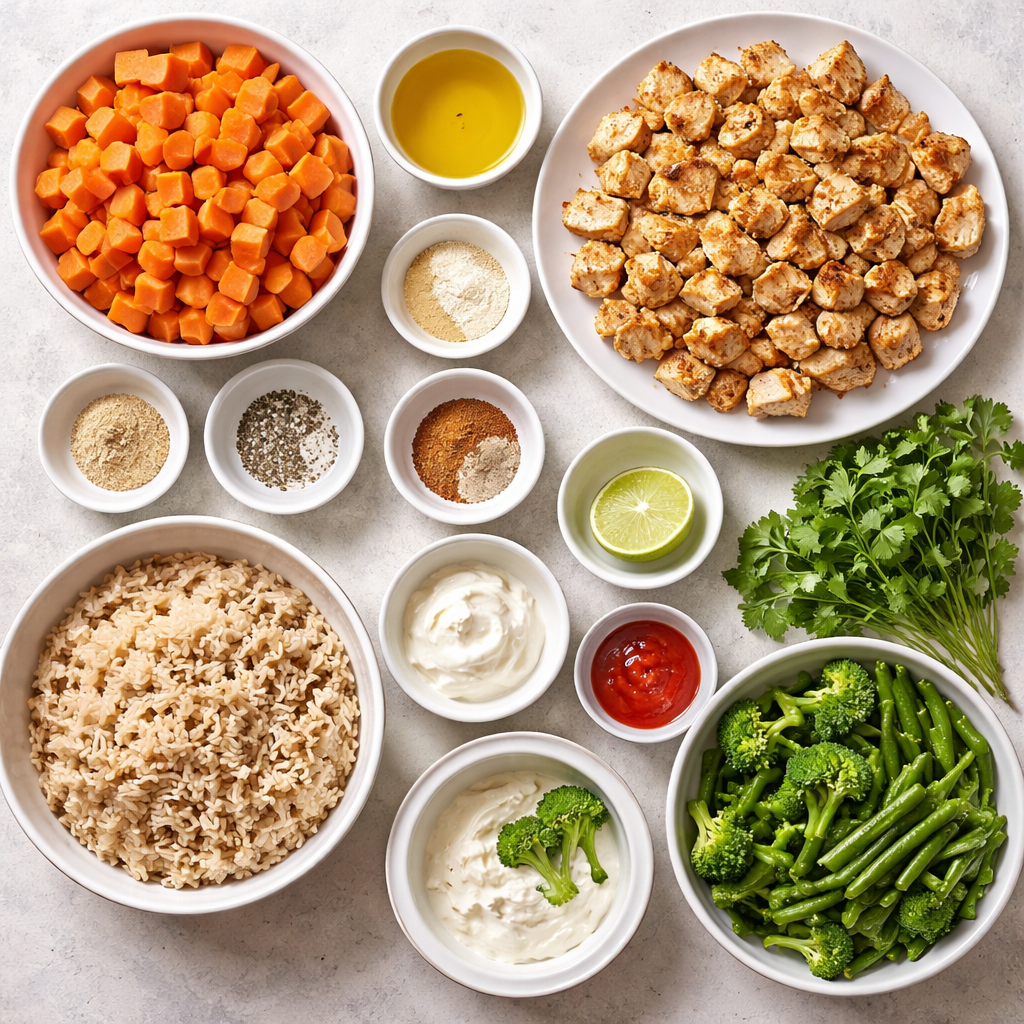 Healthy One Pot featuring Delicious Chicken and Sweet Potato Bowls ingredients photo