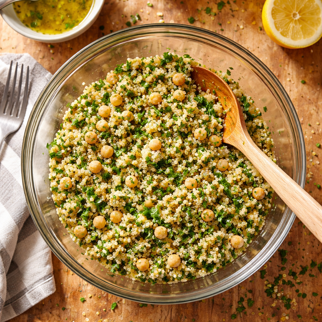 Lemon Herb Quinoa with Chickpeas Flavorful Weeknight Healthy Bowl preparation photo