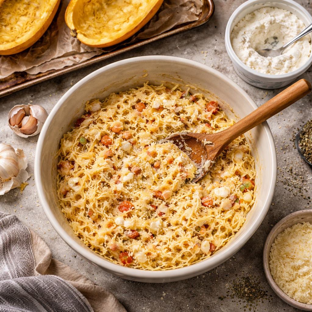 Healthy Chicken Spaghetti Squash Easy Weeknight Dinner Recipe preparation photo
