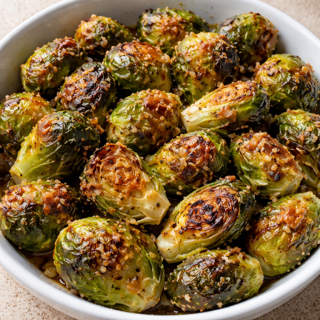 Crispy Parmesan Roasted Brussels Sprouts with garlic and lemon featured photo