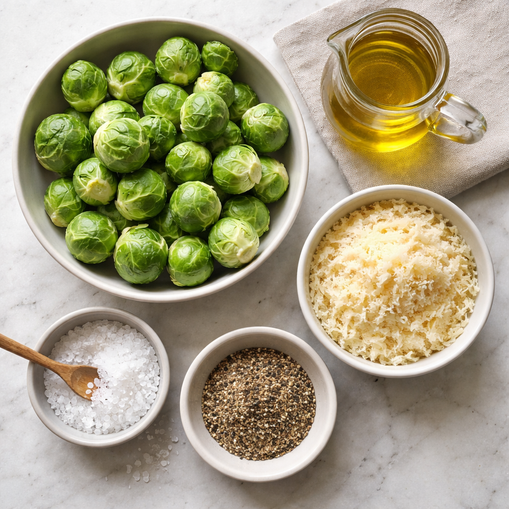 Crispy Parmesan Roasted Brussels Sprouts with garlic and lemon ingredients photo
