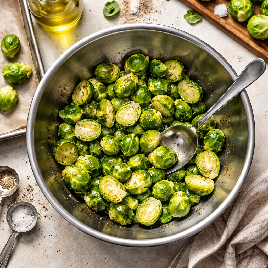 Crispy Parmesan Roasted Brussels Sprouts with garlic and lemon preparation photo