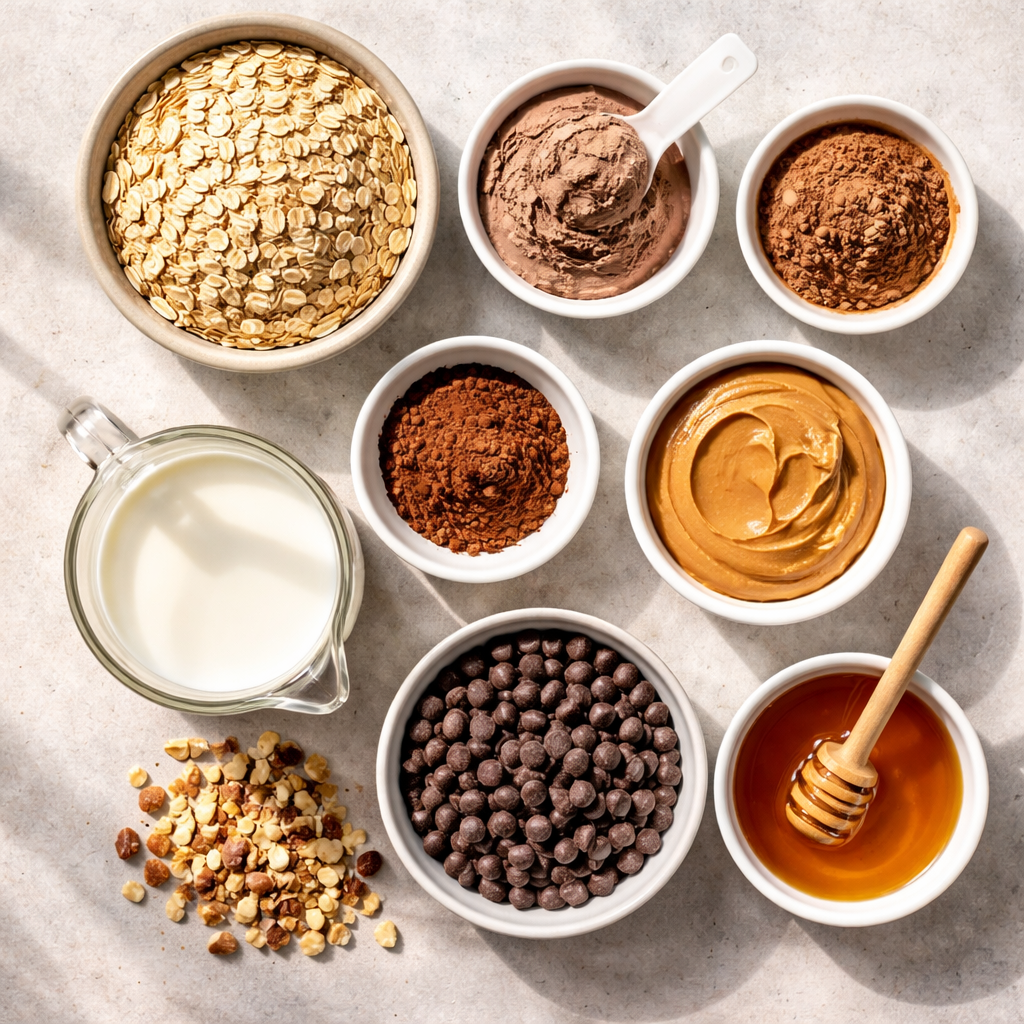 High Protein Brownie Batter Overnight Oats Quick Breakfast Idea ingredients photo