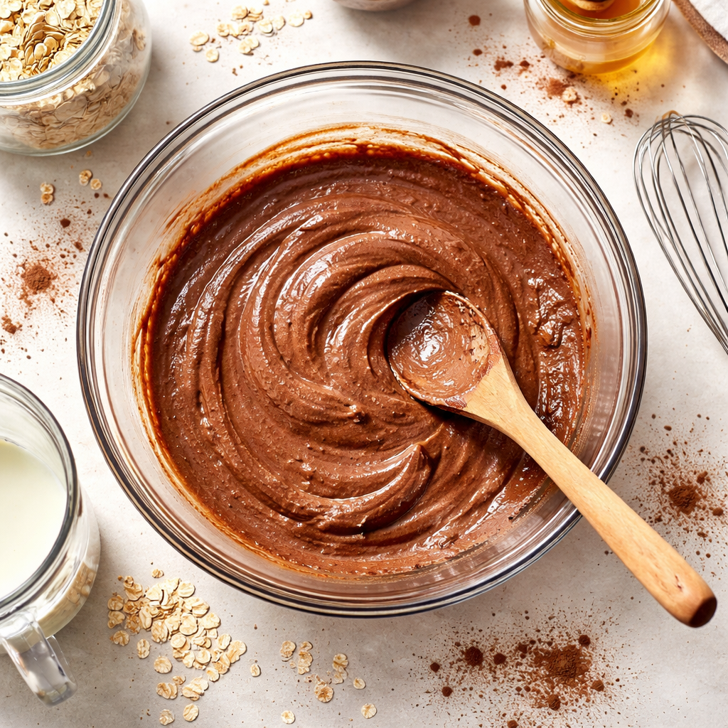 High Protein Brownie Batter Overnight Oats Quick Breakfast Idea preparation photo