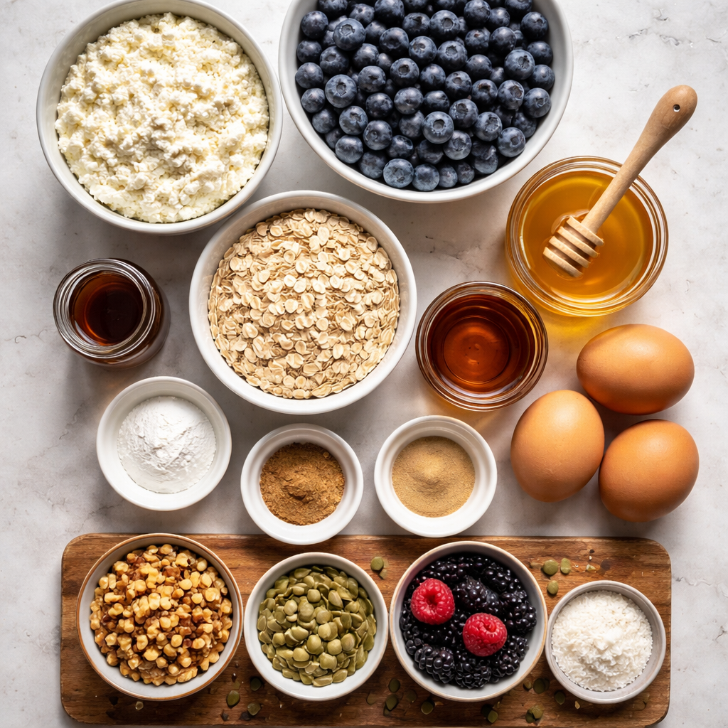 Creamy Baked Blueberry Cottage Cheese Breakfast Bowls ingredients photo