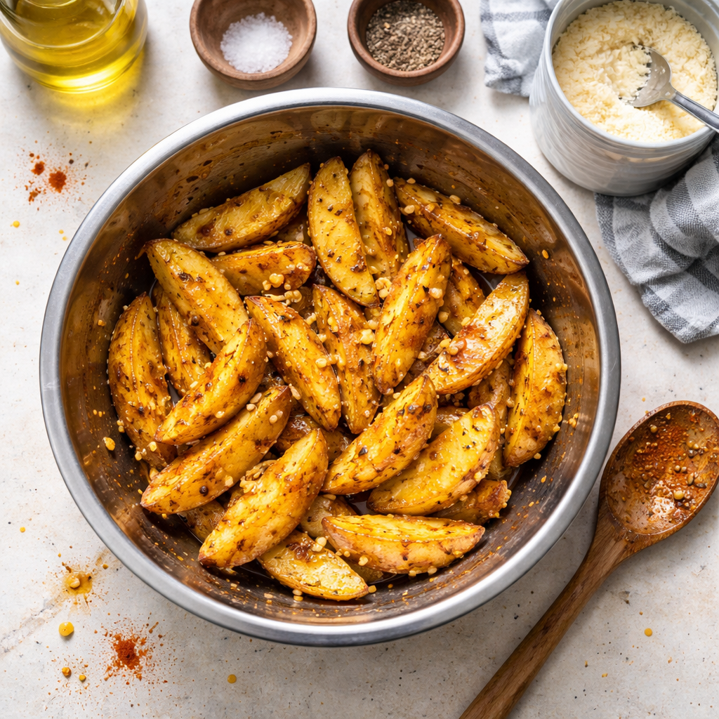 Crispy Garlic Parmesan Potato Wedges Perfect for Sides and Snacks preparation photo