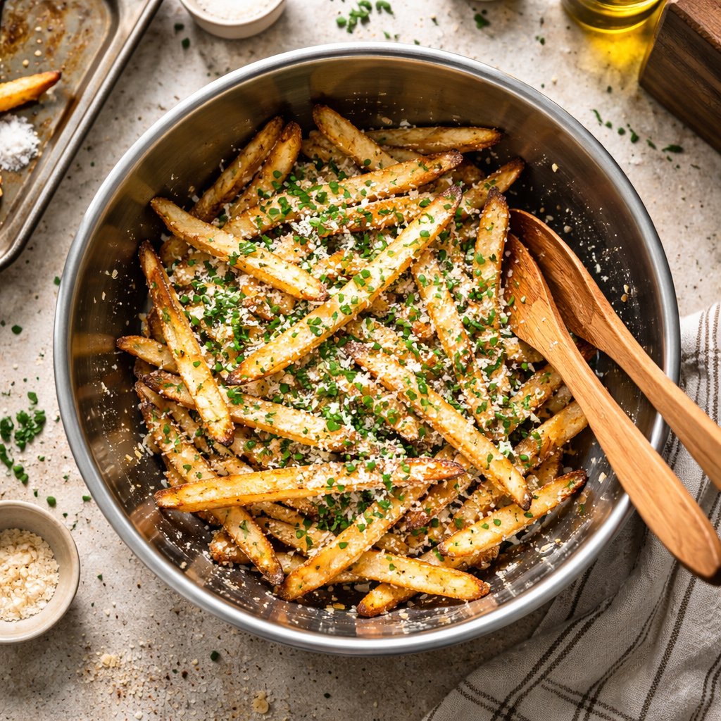 Crispy Truffle Parmesan Fries with Rosemary Garlic Aioli preparation photo
