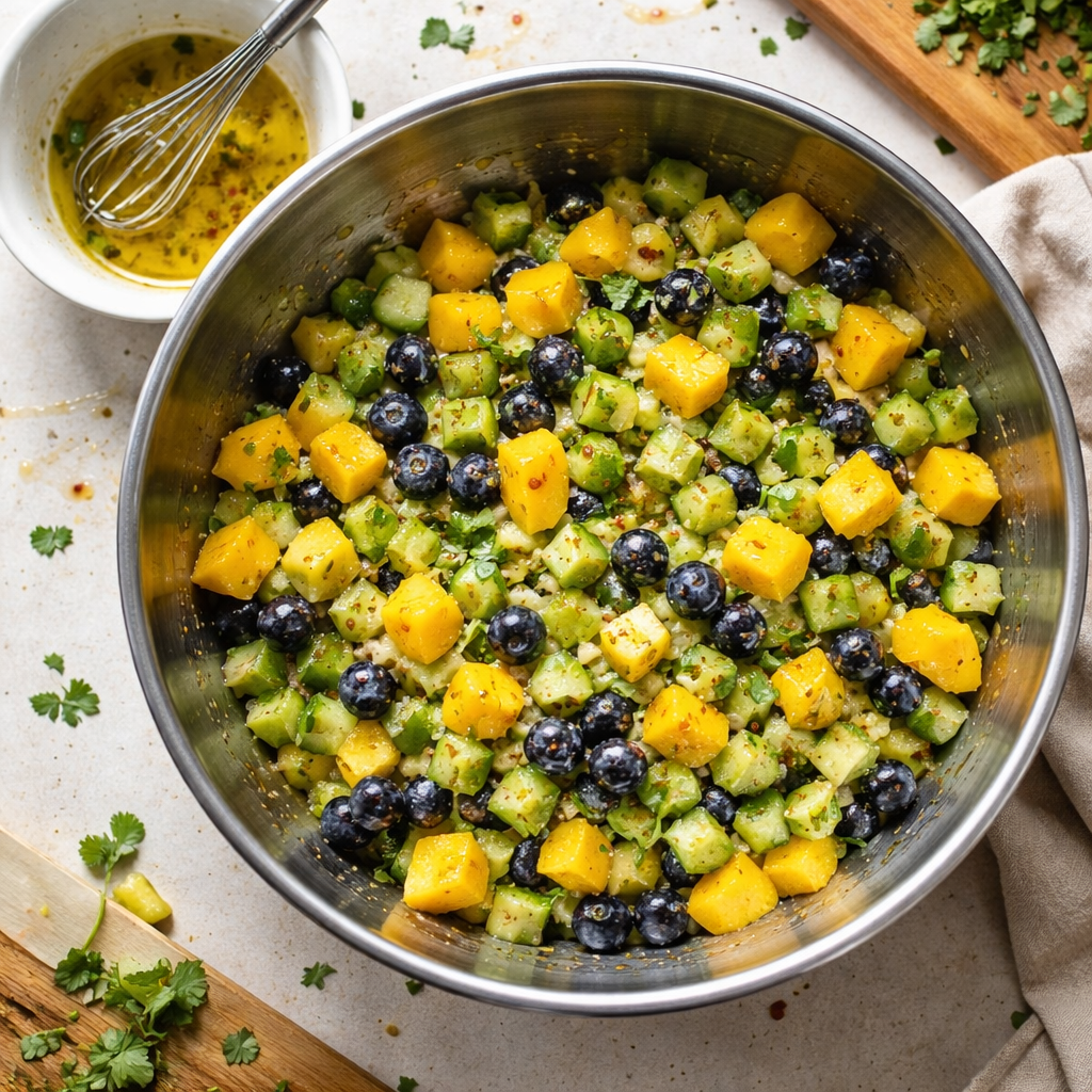 Juicy Mango Cucumber Salad with Blueberries and Avocado Delight Recipe preparation photo