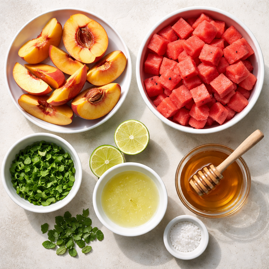 Peach and Watermelon Summer Salad with Mint and Lime ingredients photo