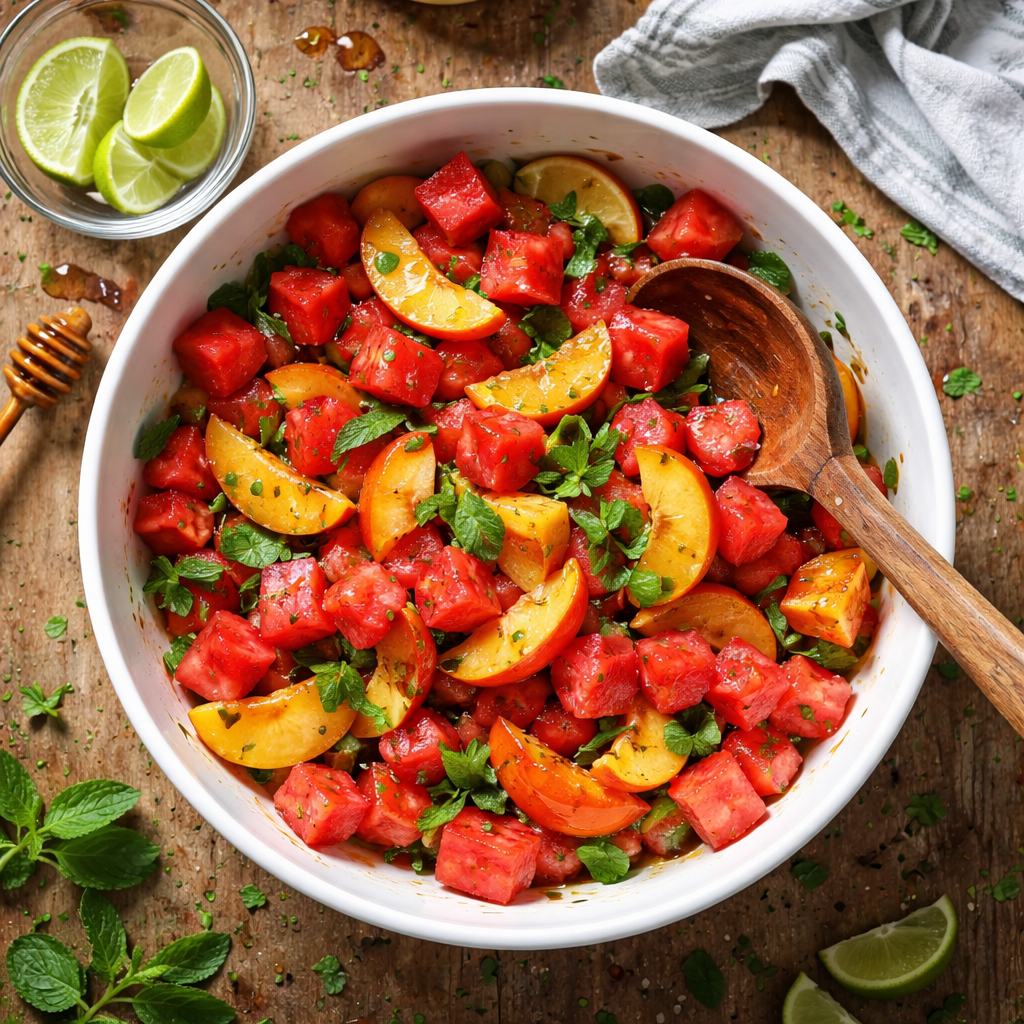 Peach and Watermelon Summer Salad with Mint and Lime preparation photo