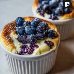 Baked blueberry cottage cheese breakfast bowls topped with fresh blueberries