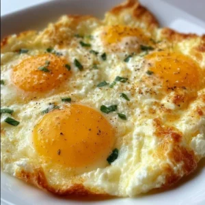 Baked cottage cheese eggs served in a dish with herbs and spices.
