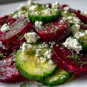 A colorful beet salad with feta cheese, cucumbers, and fresh dill served in a bowl.