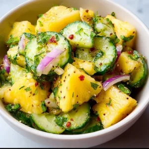 Bright pineapple cucumber salad with mint and lime dressing served in a bowl