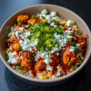 Delicious Buffalo Chicken Bowl with chicken, veggies, and grains