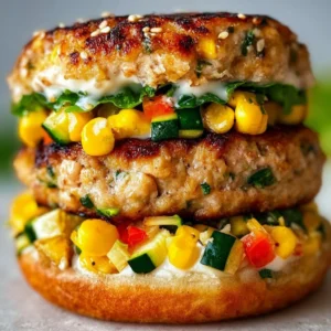 Delicious Chicken Zucchini Corn Burgers served on a plate with fresh ingredients.