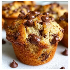 Fluffy banana chocolate chip muffins fresh out of the oven