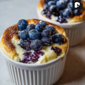 Creamy baked blueberry cottage cheese breakfast bowls topped with fresh blueberries