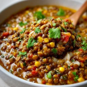 Creamy Mexican spiced lentils with smoky tomato and lime served in a bowl.