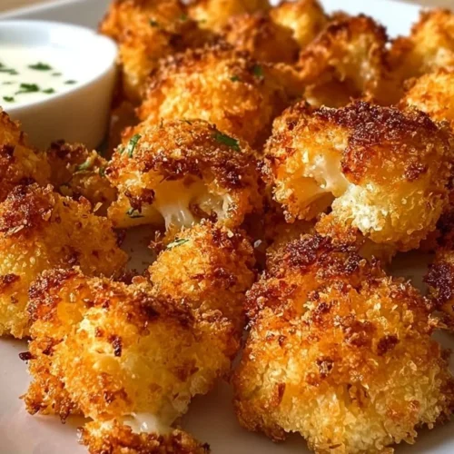 Crispy baked cauliflower bites on a plate, garnished with herbs.