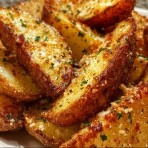 Crispy garlic parmesan potato wedges served on a plate