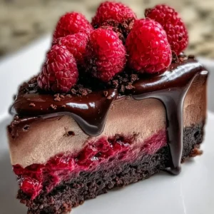 Decadent dark chocolate raspberry cheesecake with fresh raspberry garnish.