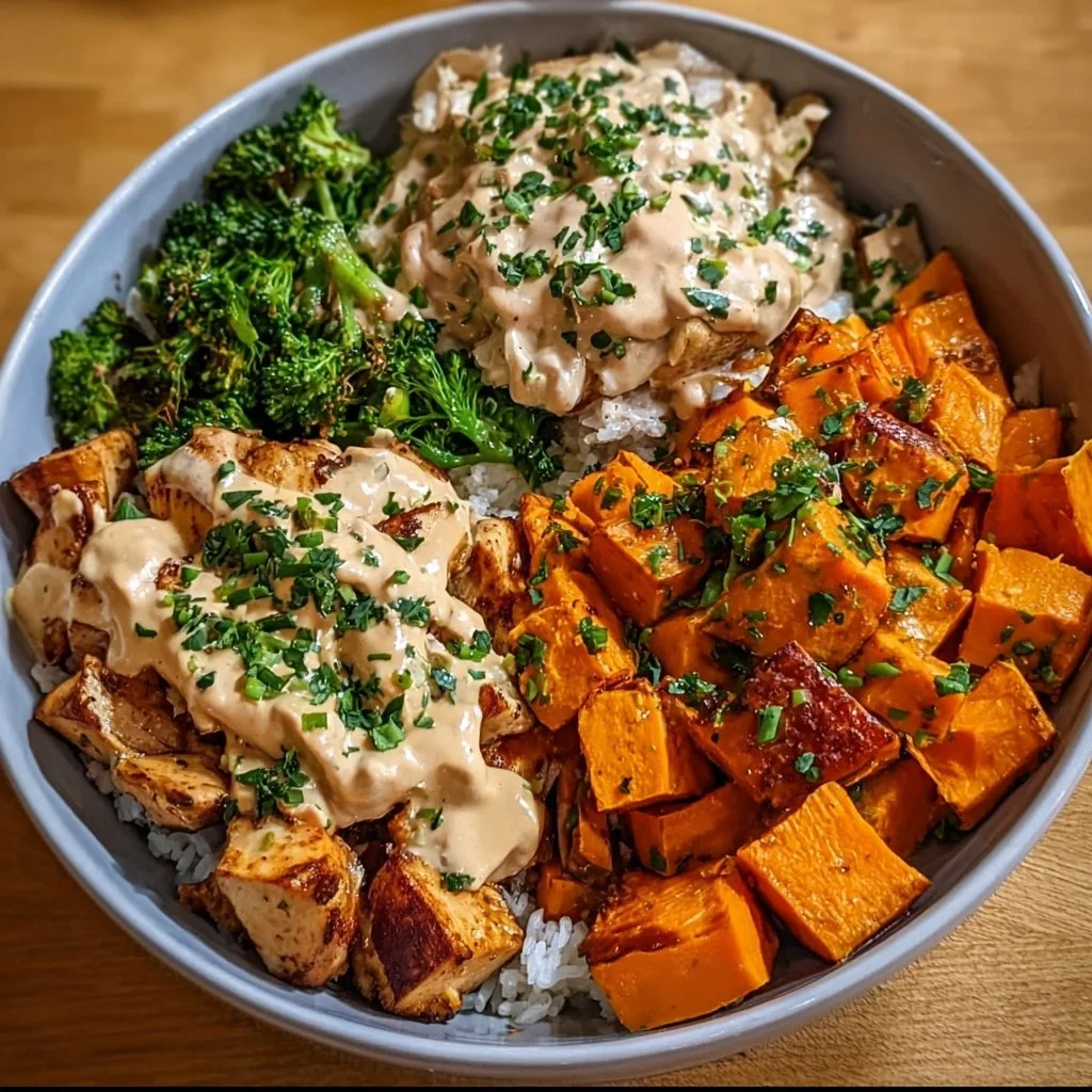 Healthy chicken and sweet potato bowls prepared for meal prep