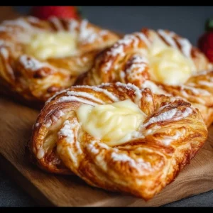 Delicious puff pastry cheese danish on a white plate