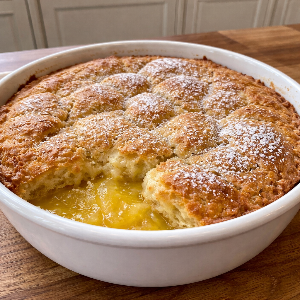 magic lemon cobbler dessert with fresh lemons and a golden crust on a rustic plate