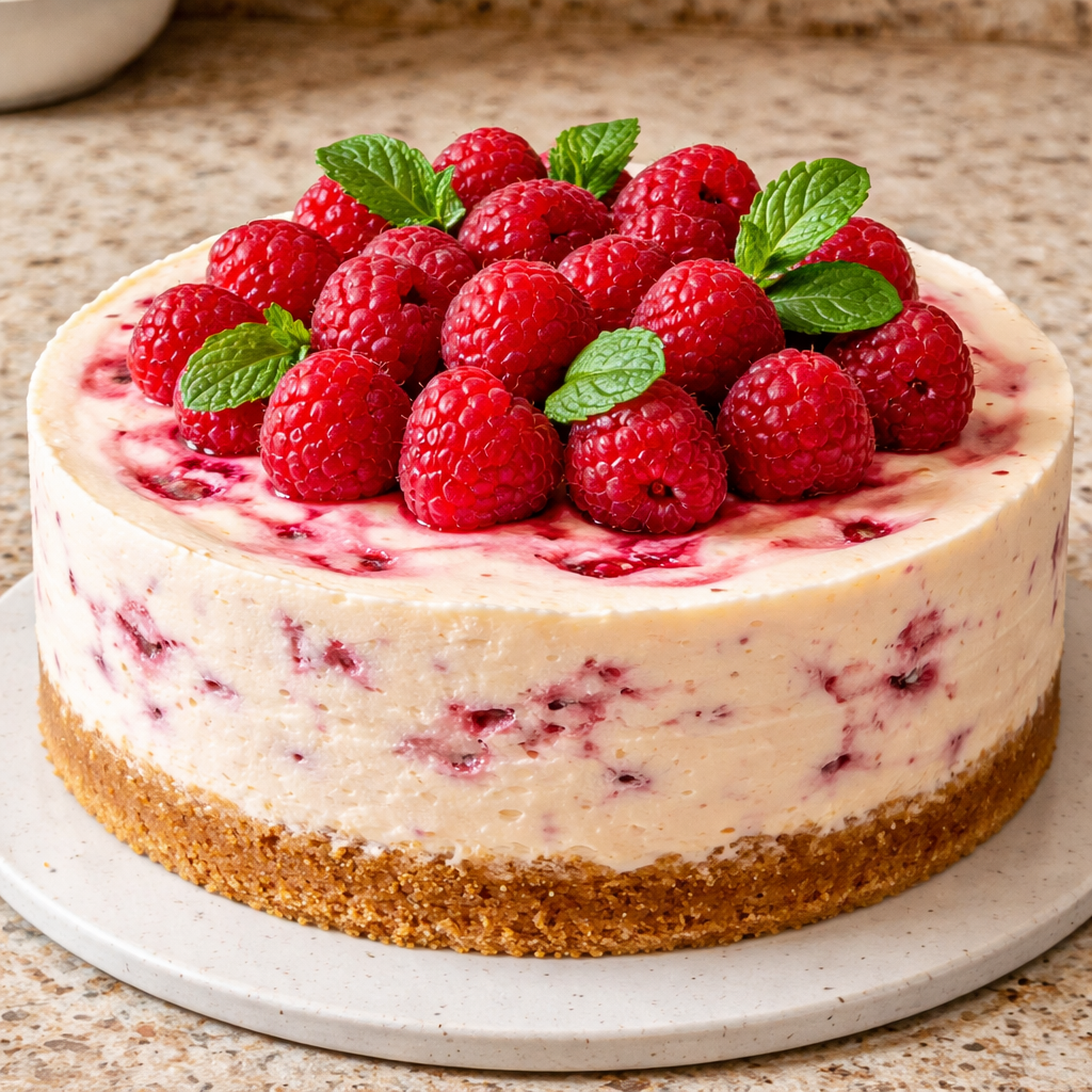raspberry mini cheesecakes with fresh raspberries on a white plate dessert for kids after school snack