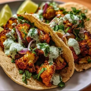 Fresh cauliflower tacos served on a colorful plate with toppings.