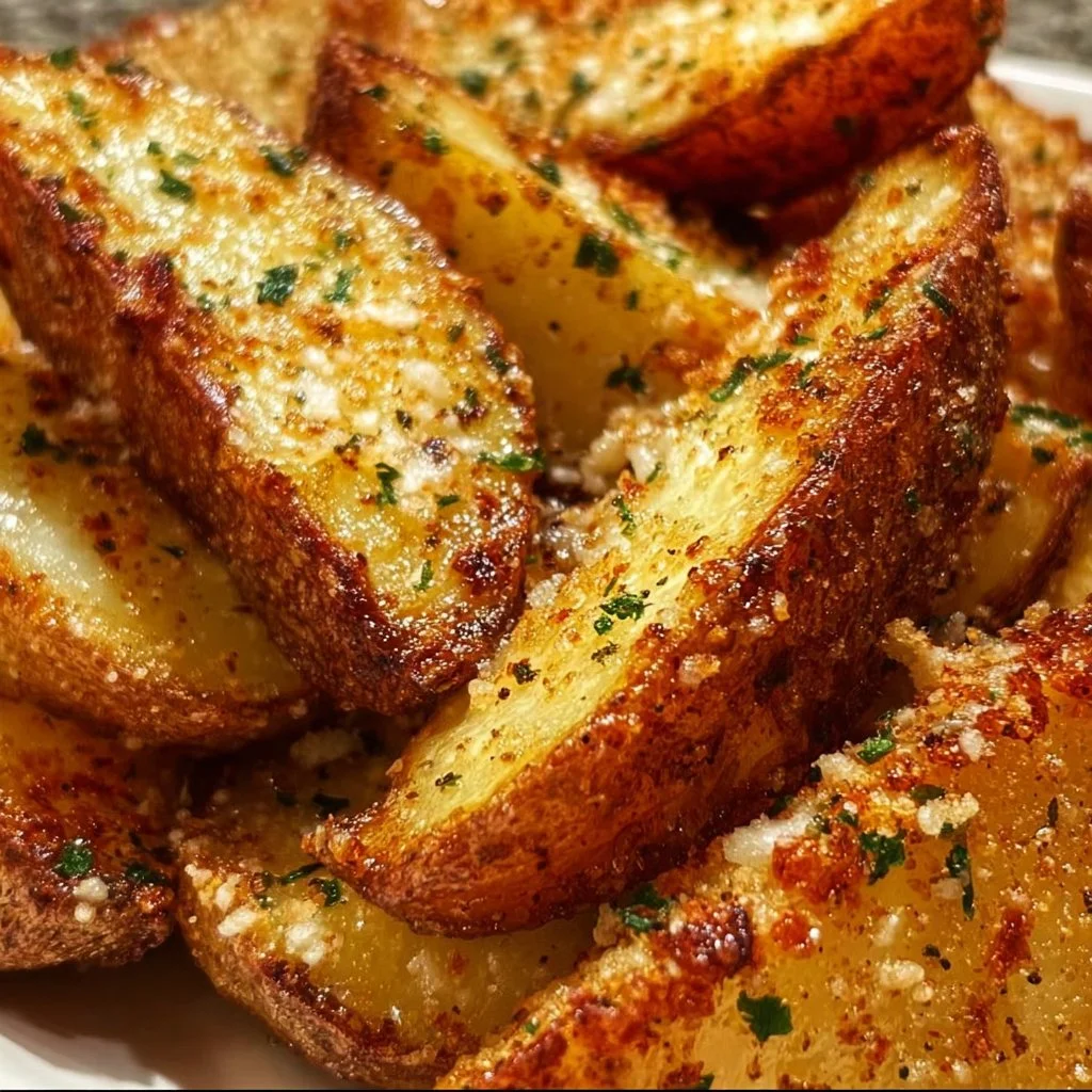 Golden Garlic Parmesan Potato Wedges served in a bowl