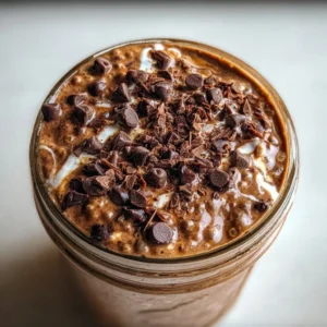 High Protein Brownie Batter Overnight Oats in a mason jar, topped with chocolate and nuts.