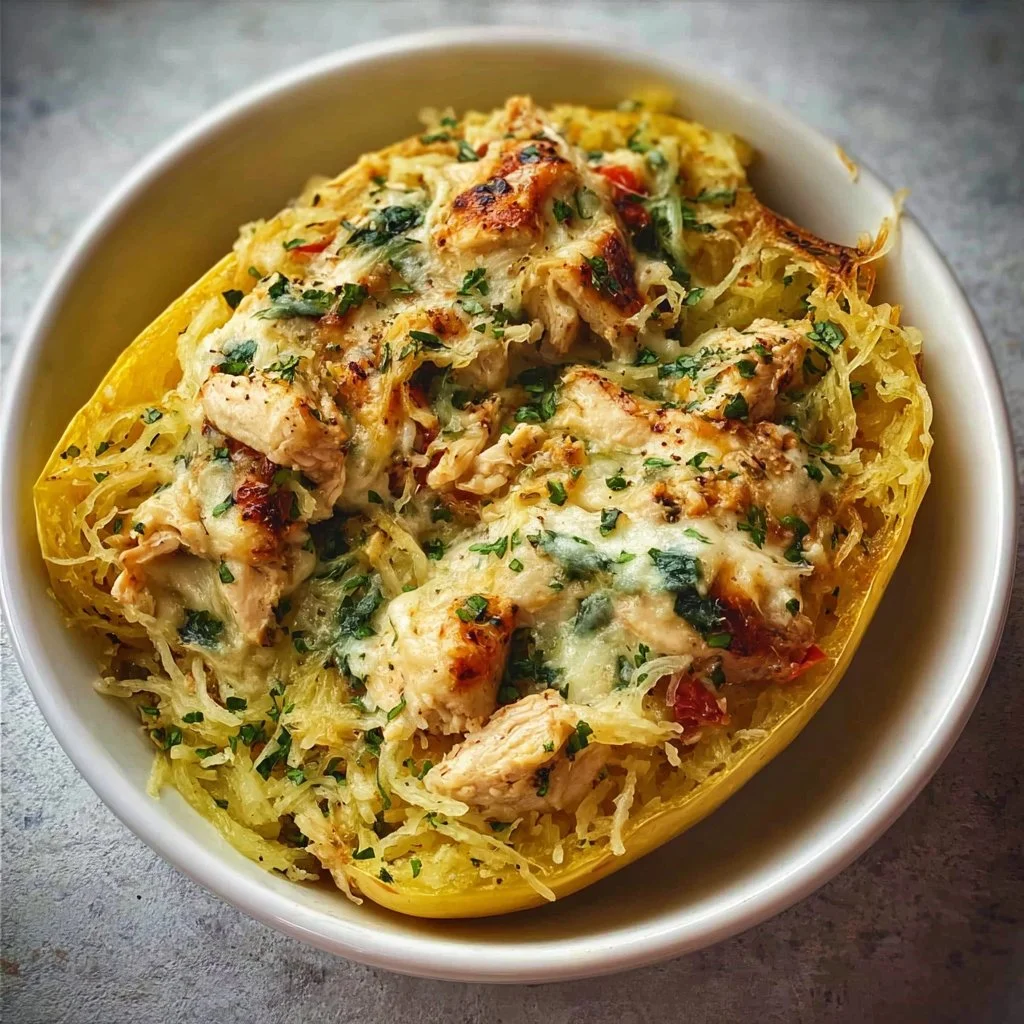 Delicious Chicken Spaghetti Squash served with fresh herbs and vegetables