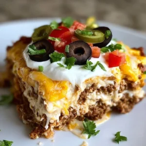 Low Carb Taco Casserole topped with cheese and fresh ingredients