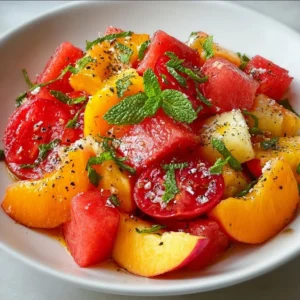 Peach and watermelon summer salad with mint and lime in a bowl.