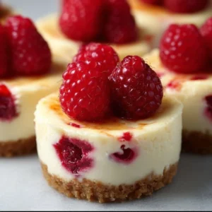 Delicious Raspberry Mini Cheesecakes topped with fresh raspberries.
