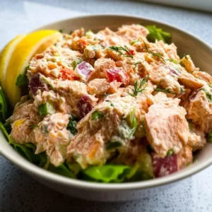 A vibrant salmon salad with mixed greens and vegetables, drizzled with dressing.