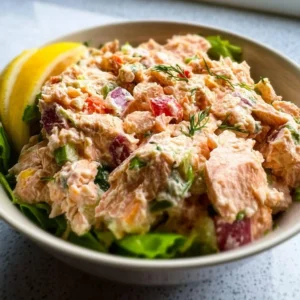 A vibrant salmon salad with fresh greens, cherry tomatoes, and a lemon dressing.