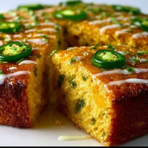 Spicy sweet jalapeño cornbread topped with lime drizzle