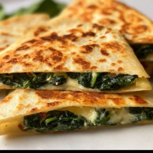 Spinach and cheese quesadillas on a plate garnished with salsa