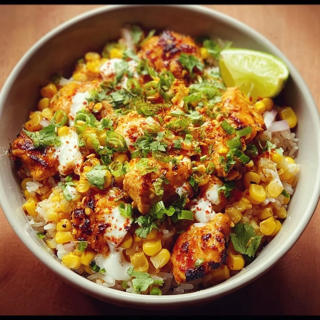 Delicious street corn chicken rice bowl with vibrant colors and toppings