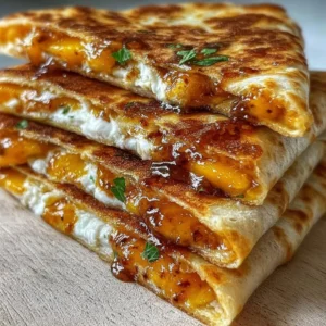 Delicious sweet and savory peach quesadillas served on a plate.