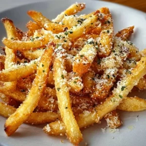 Crispy truffle parmesan fries garnished with herbs and served in a bowl.