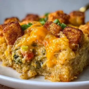 Vegan tater tot casserole baked with vegetables and a golden topping