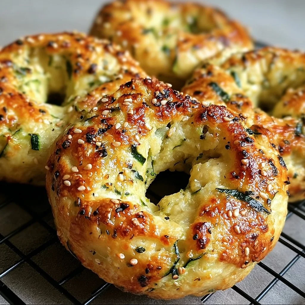 Freshly baked zucchini bagels on a wooden table